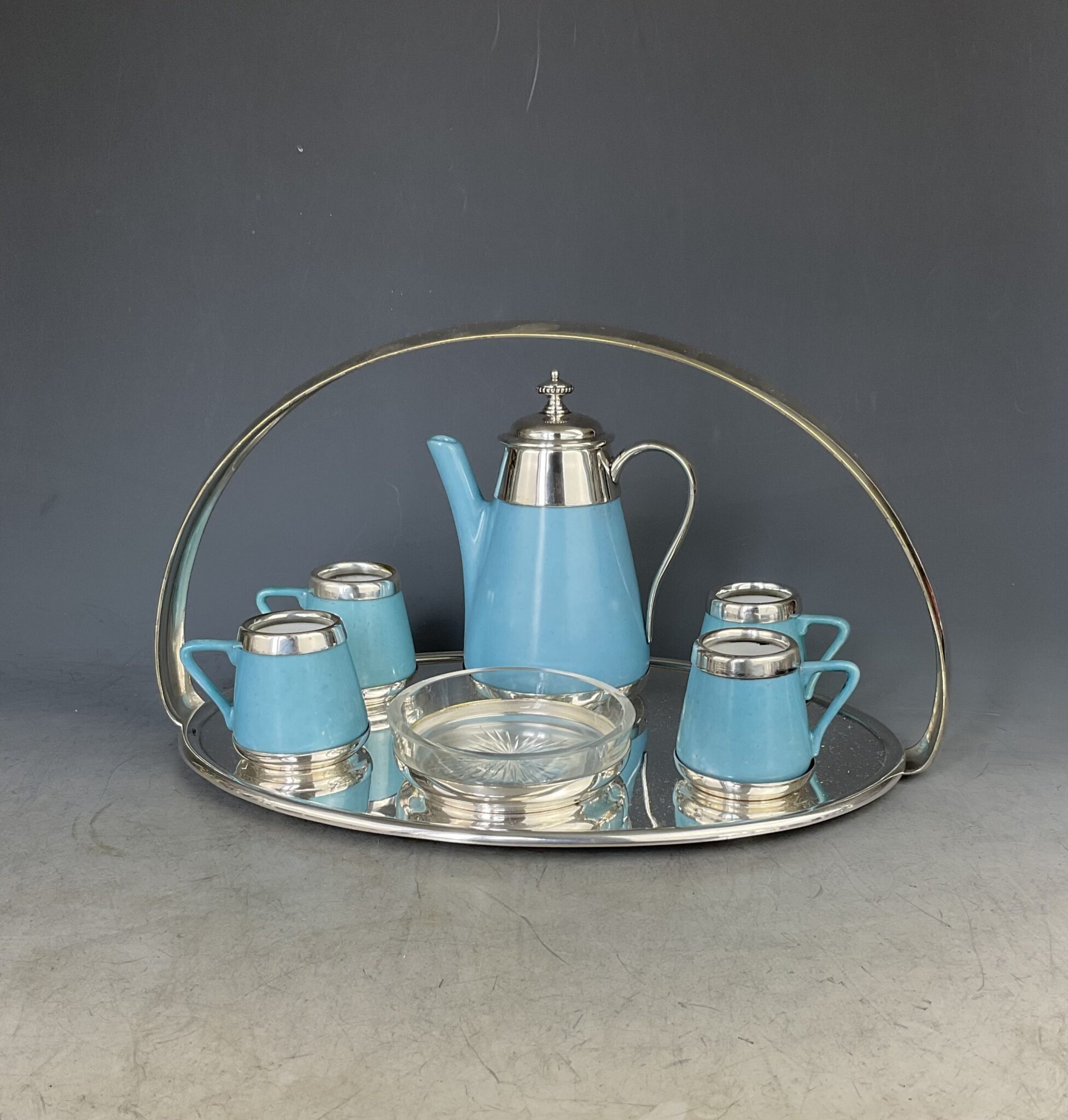 Versilbertes blaues Jugendstil Mokkaservice, Wien, um 1900