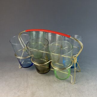 6 bunte Midcentury Gläser in Aluminiumrack, Deutschland, um 1960