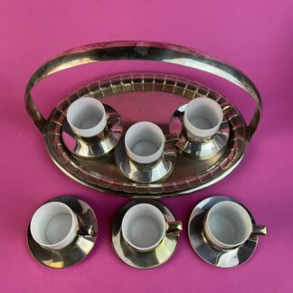 6 versilberte Art Deco Mokkatassen auf Tablett, Wien, um 1925